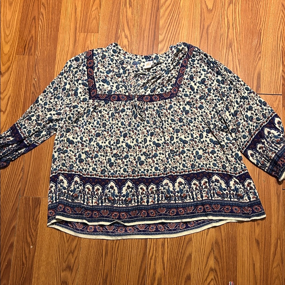 Bila Navy & Cream Floral Border Peasant Blouse